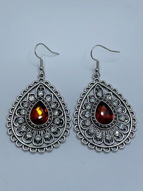 Silver Tone Red Crystal Teardrop Dangle Earrings Vintage Boho Statement